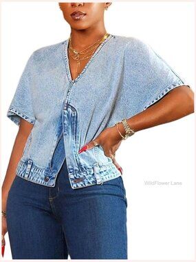 V Neck Short Sleeve Split Zipper Front Denim Jean Shirt Blouse